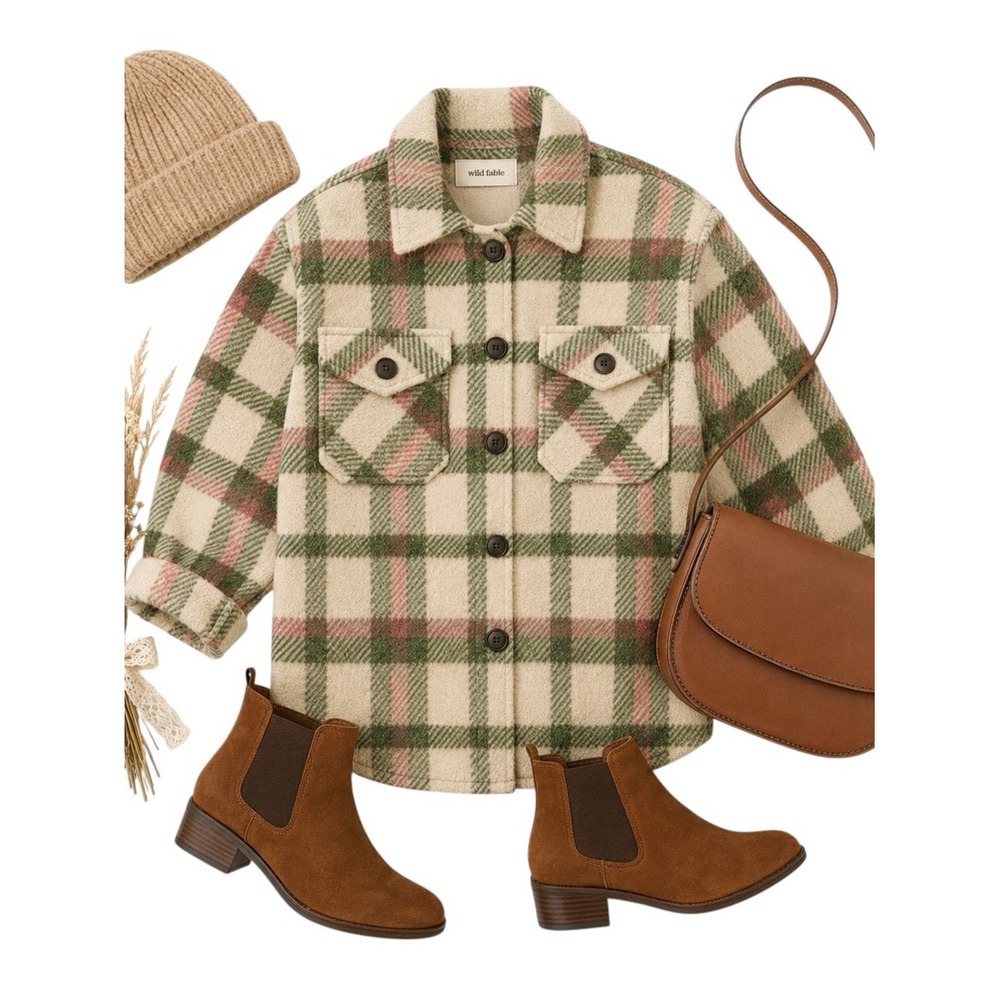 Wild Fable Pink Green Plaid Oversized Shacket Jacket XS Cottagecore Streetwear